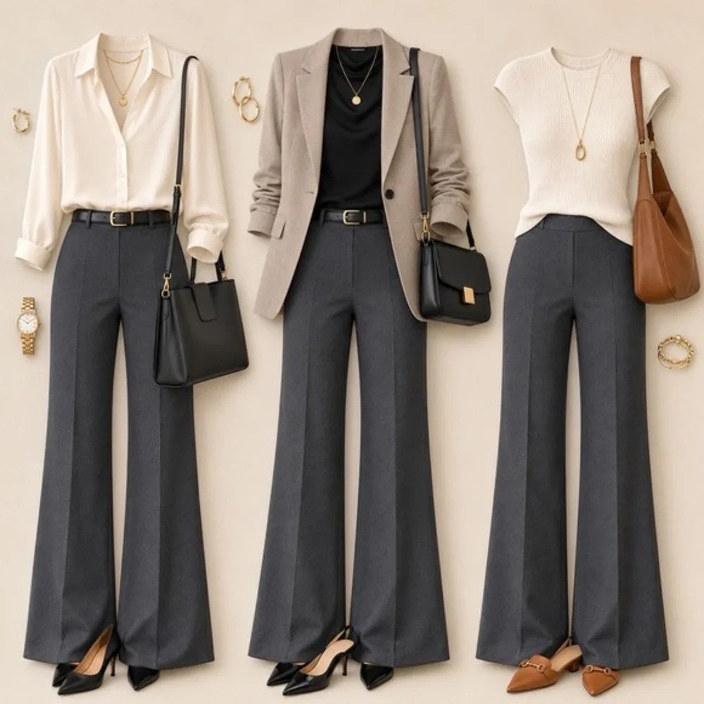 Cato Grey Wide Leg Dress Pants Contemporary Pintuck Trousers Slacks Workwear M